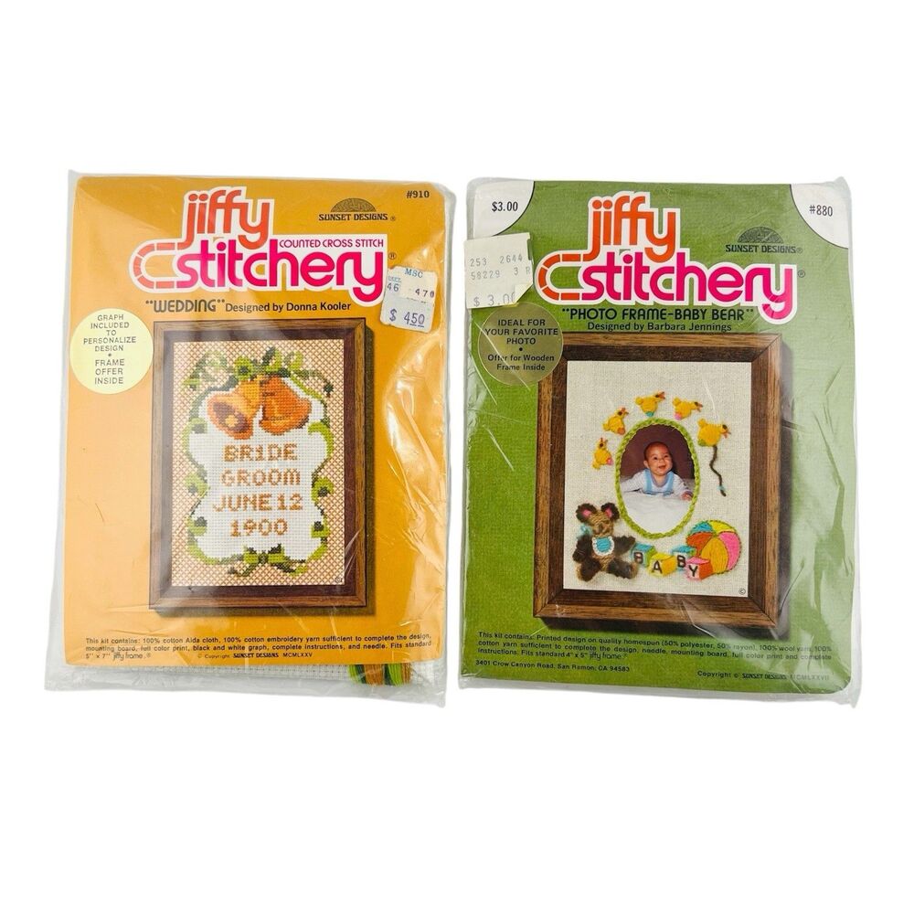 Jiffy Stitchery 1970’s NEW Cross Stitch Kit Wedding & Baby Bear Photo Frame VTG